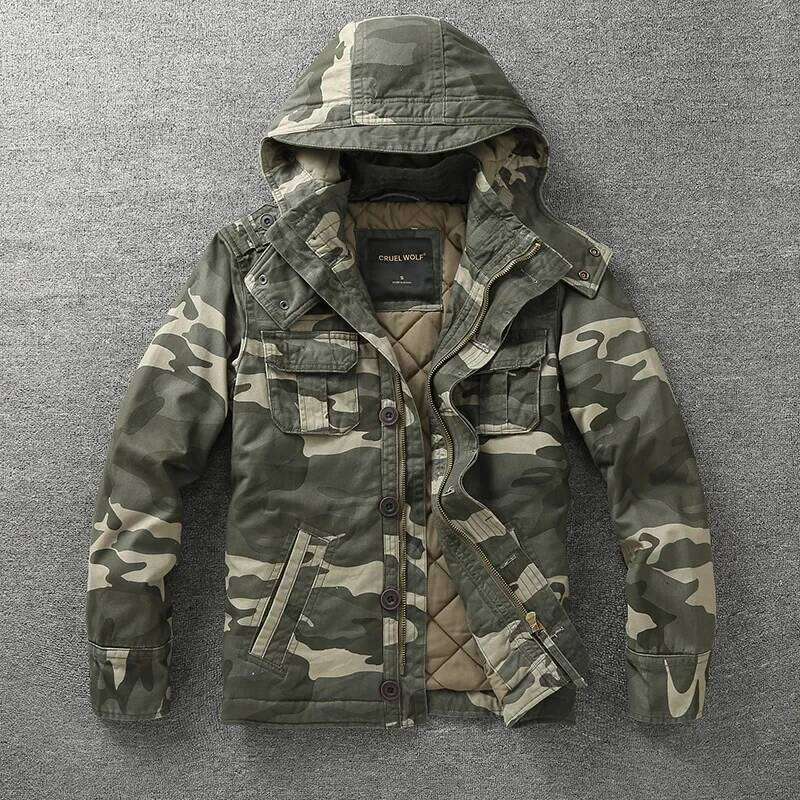 Men's Retro Denim Cargo Jacket: Hooded, Multi-Pocketed Camo - Ideal for Outdoor Hiking, Casual Wear & Fashion 26H0311