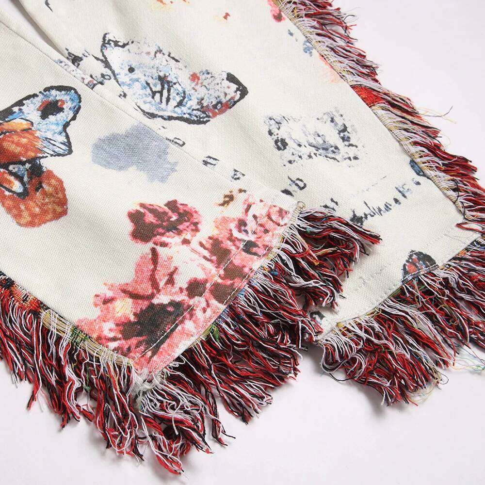 Men Butterfly Print Denim Jeans Flower Pattern White Stretch Cotton Slim Pants Tassels Multi Pockets Cargo Trousers Good Quality Z260225