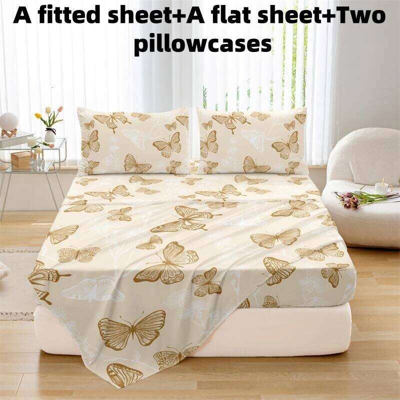4pcs Butterfly brushed Fitted sheet+flat sheet+pillowcase set skin friendly breathable Queen Size Flat bed sheet Pillowcases H260311