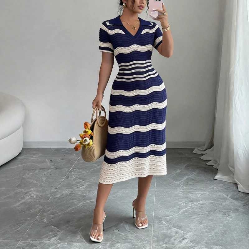 Womens Wavy Striped V-Neck Short Sleeve Elastic Sundress Ribbed Knit Bodycon Long Dress Crochet Hollow Out Summer Party Dress M260311