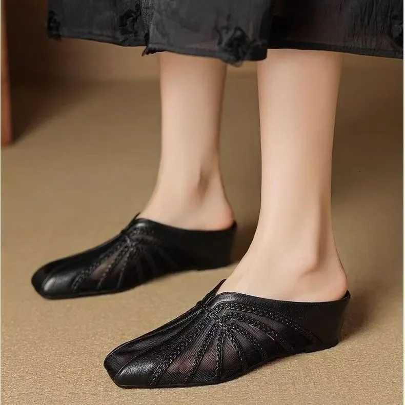 Womens Mesh Hollow Splicing Wedge Heel Mules Shoes Summer Cool and Comfortable Breathable Inner Height Increase Baotou Slippers K260311