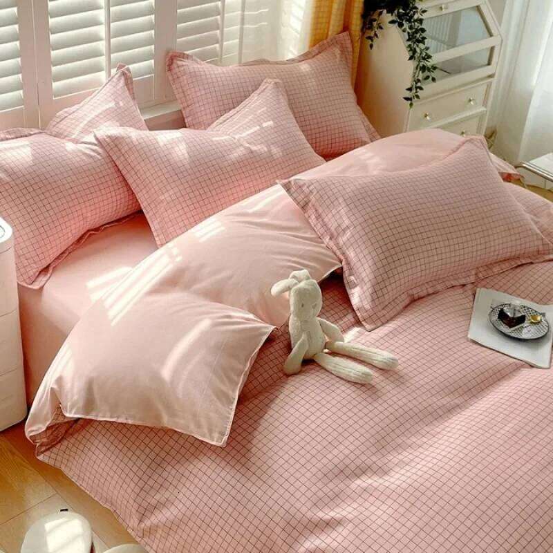 Plant Thickened Three Four Piece Bed Sheet Set Blue And White Large Grid H260311