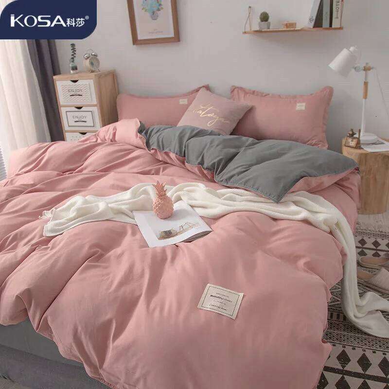 Simple Japanese Solid Color Pink Bedding Set Cover Twin Full Queen Linen Girl Women Polyester Bed Flat Sheet Pillowcase H260311 - view 3