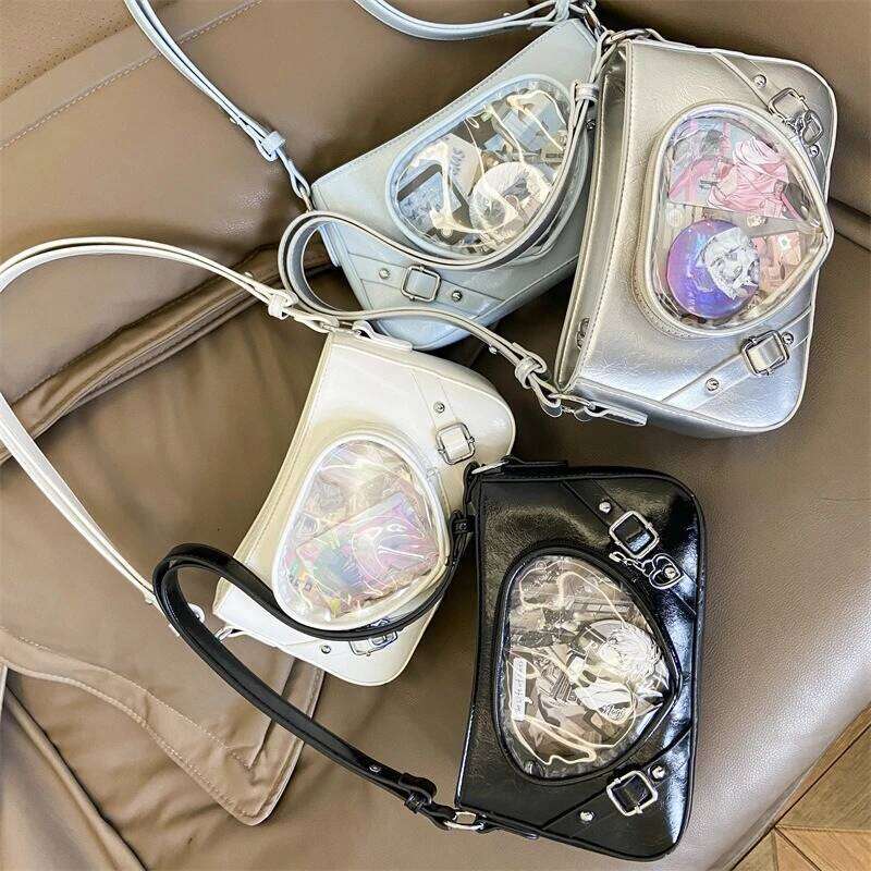 Japanese Style Love Transparent Girls Ita Shoulder Bags JK PU Leather Women Small Handbag Belt Badge Display Female Underarm Bag XJ260311