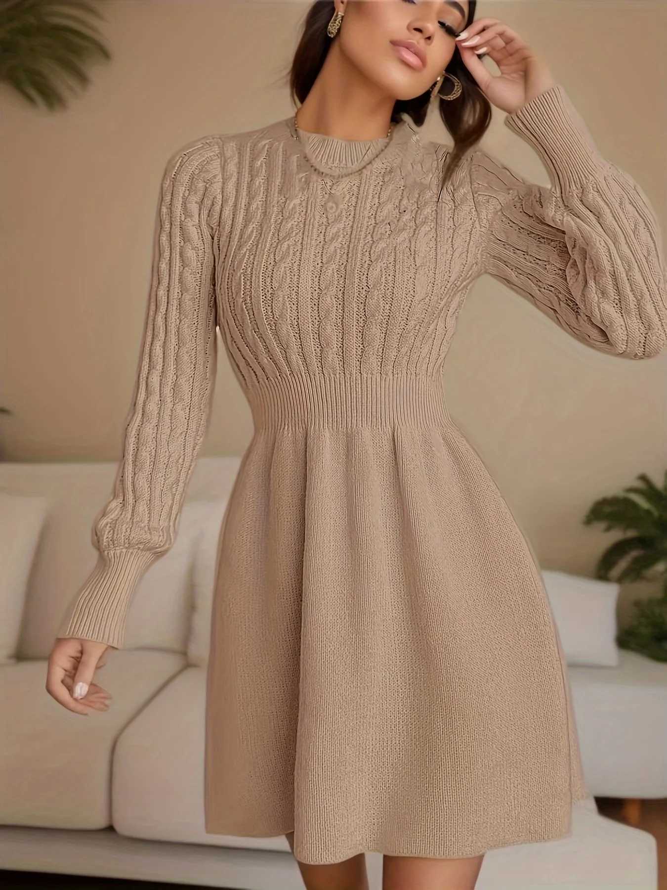 Solid Cable Knit Sweater Dress Casual Crew Neck Long Sleeve Dress Womens Clothing M260311