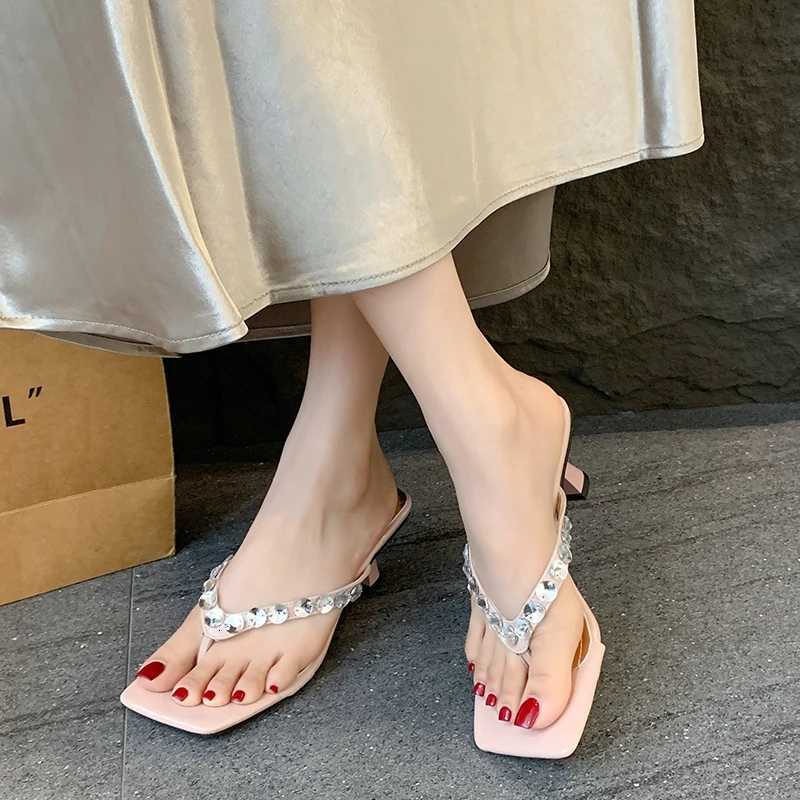 2025 New Women Slip on Flip Flops Med High Heels Summer Shoes Woman Black Slides Crystals Pink Sandalias K260311