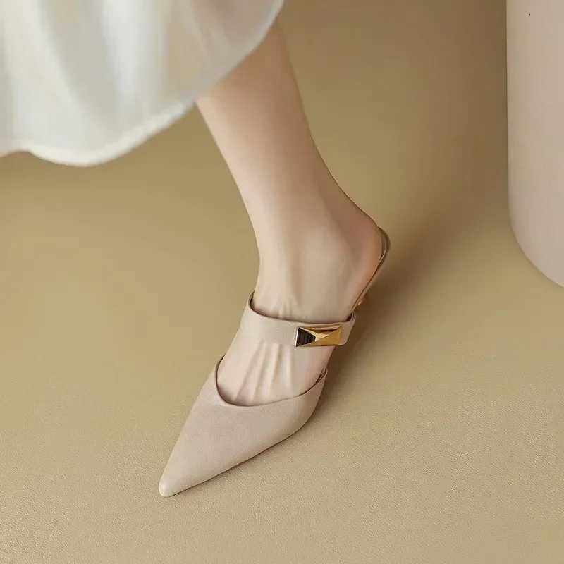 Women Kitten Heels Mules Golden Pointed Toe Summer Sandals Fashion Beige Ladies Casual Med Heels Shoes K260311