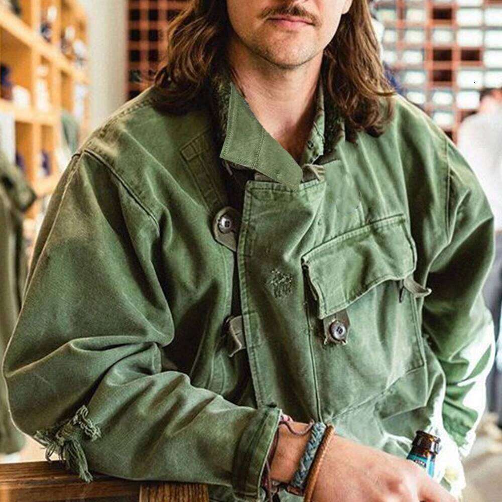 Autumn Winter Maden Army Green Retro Bomber Jackets Misplaced Oblique Pocket Button Buckle Swedish Motorcycle Cotton Coat 26H0311