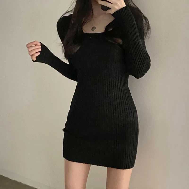 2025 Fall Winter Skinny Knitted Dress Women Black Sexy Bodycon Mini Dresses Female Elegant Slim Long Sleeve Sweater Dress M260311