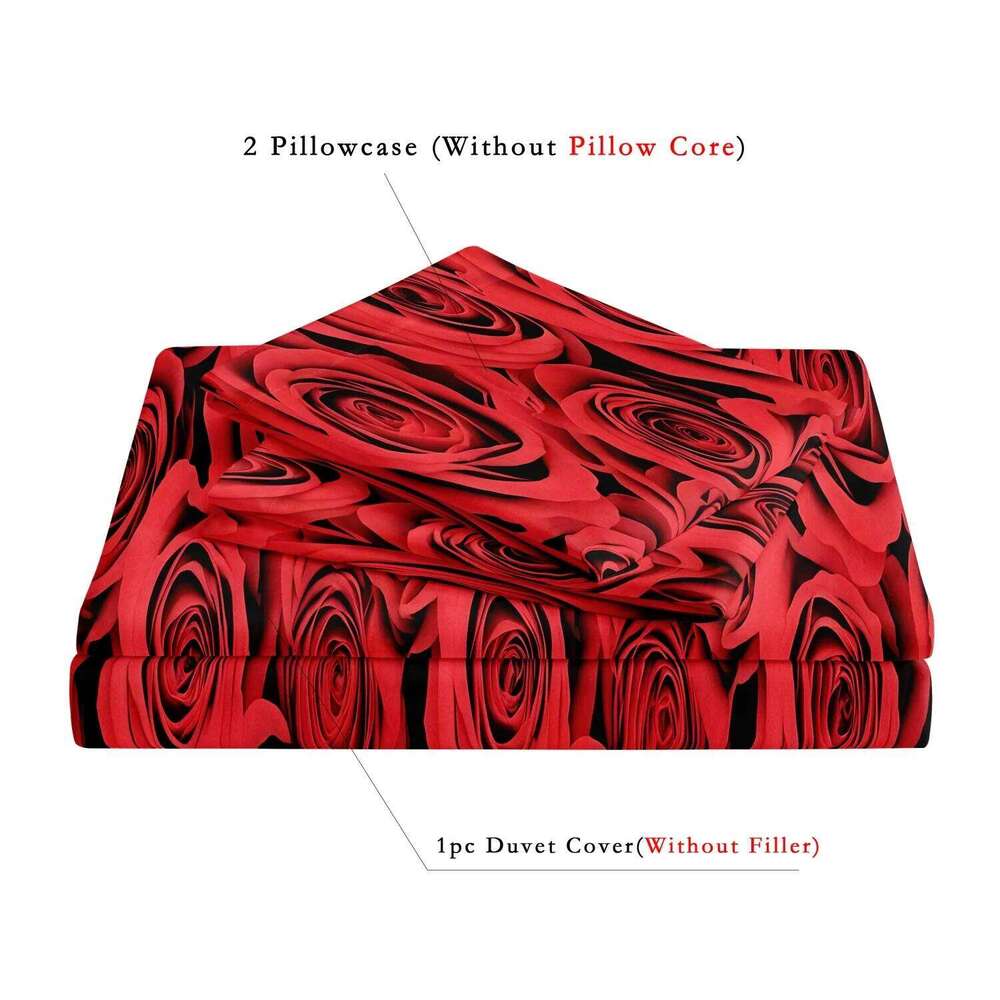 3pcs Valentine'S Rose Sea Comforter Cover Set - Vibrant Red Roses Pattern Bedding with Zipper Closure, Valentine's Day Gift H260311