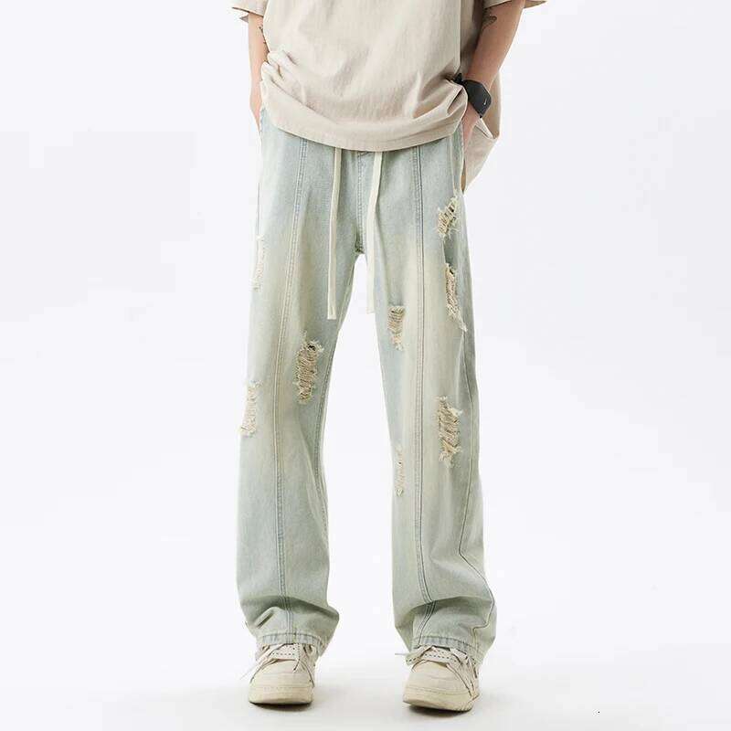 Harajuku Ripped Jeans Men's Streetwear Loose Straight Vintage Y2k Pants Drawstring Casual Hole Personality Denim Trousers Z260225