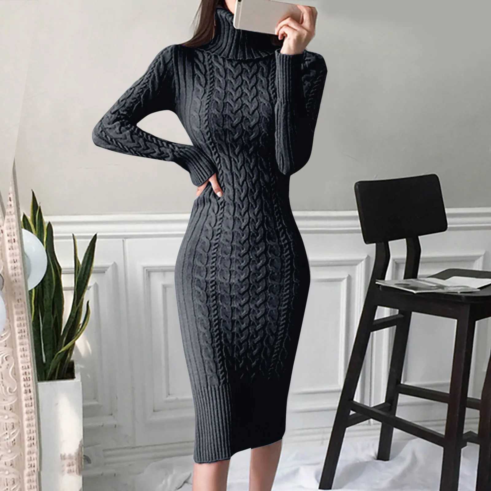 Autumn and Winter Womens Long Sleeve Turtleneck Sweater Dresses Warm Knitted Bodycon Pullovers Jumper Dresses Vestidos Largos M260311