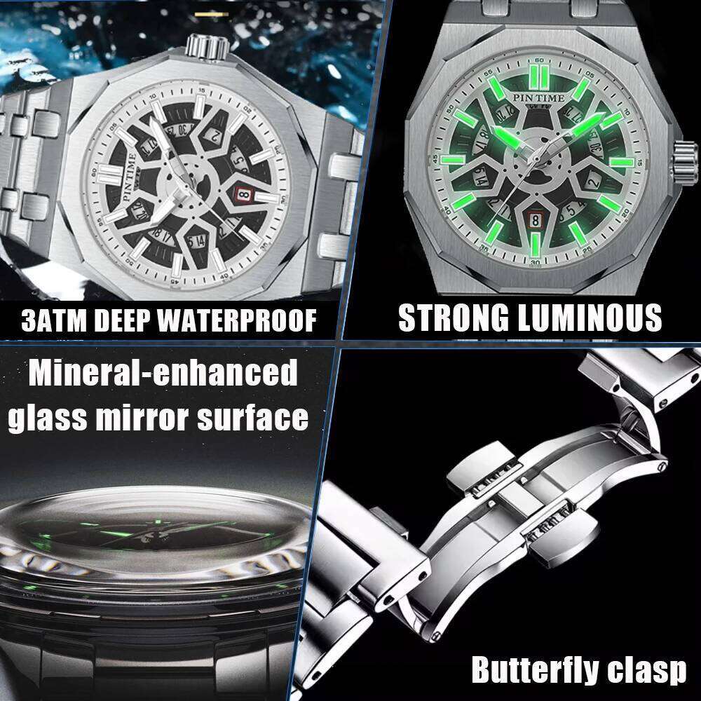 PINTIME New Alloy Skeleton Design Electric Mechanical Timepiece Luminous Date Display Men's Quartz Watch 45MM