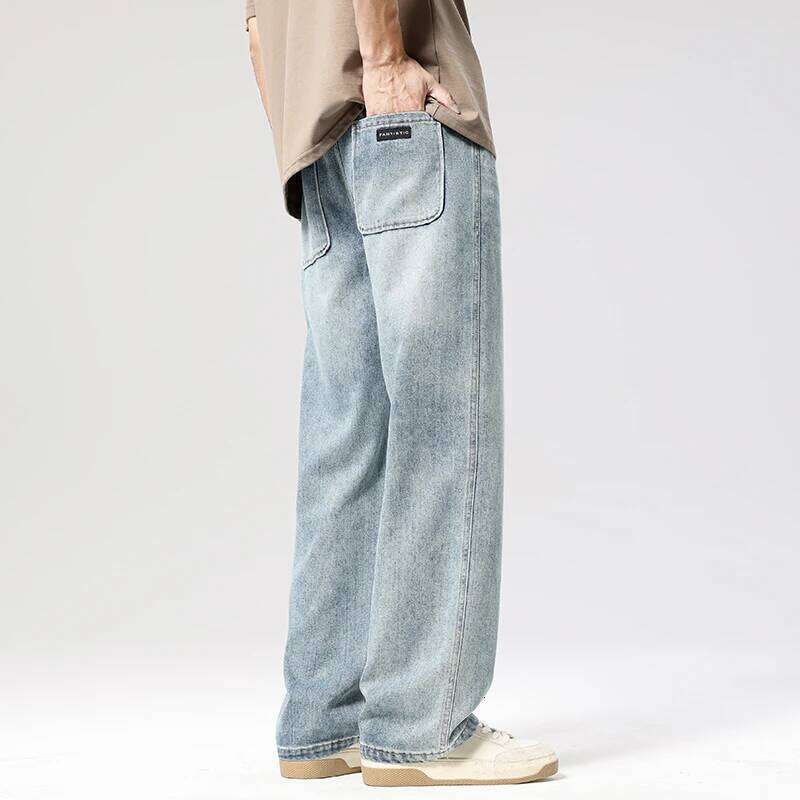 Autumn Casual Men's Straight Jeans Fashion Loose Vintage Elastic Waist Trousers Light Blue Personality Wide Pants Denim Male Z260225