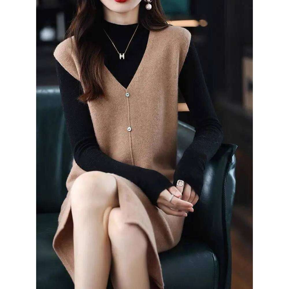 Medium to Long Sleeveless Knitted Knee Length Autumn Winter V-neck Solid Dress Stylish Sweater Vest Skirt Z260311