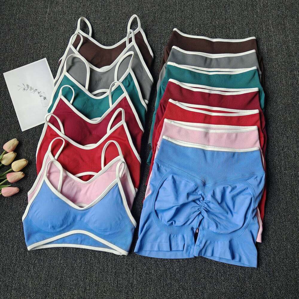 Peach Buttock Yoga Suit Women Gym Seamless Suspender Gathering Bra High Waist Hip Lifting Belly Tightening Shorts Fitness Set 26H0311