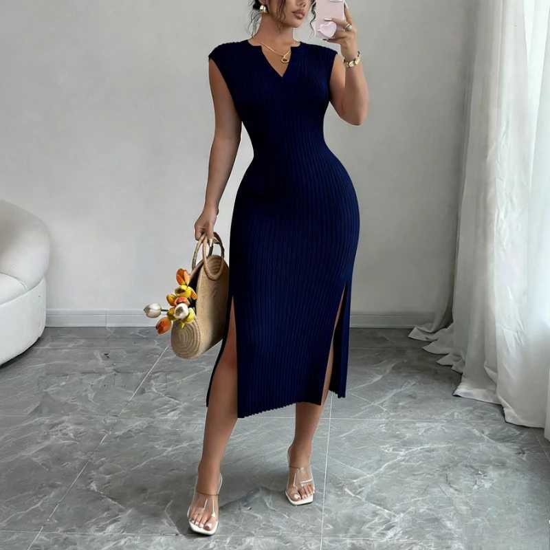 Womens White V-Neck Sleeveless Elastic Sundress Knit Bodycon Maxi Dress Solid Side Slit Casual Summer Daily Party Long Dress M260311