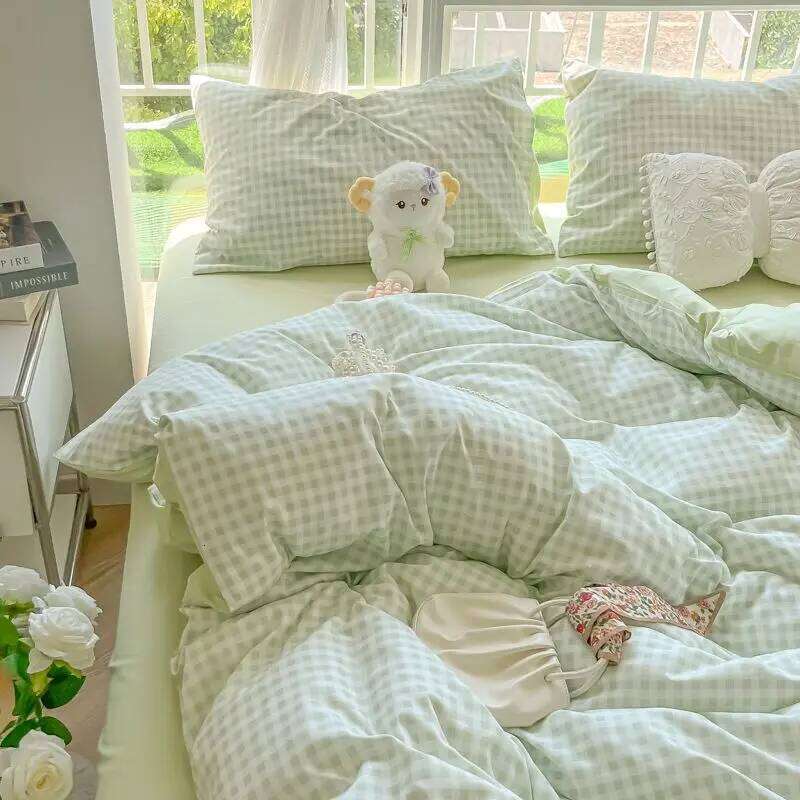 Nordic Duvet Cover with Zipper Simple Plaid Flat Sheet Pillowcases No Filler Pink Blue Hotel Twin Queen Size Bedding Set H260311