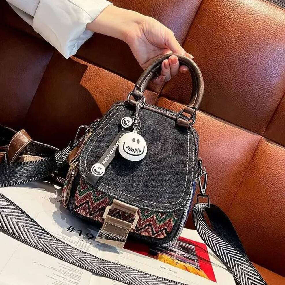 OLOEY Denim Small Backpack New Contrast Color Women Bag Retro Ethnic Style Embroidered Multifunctional Bagpack Crossbody Bolsa