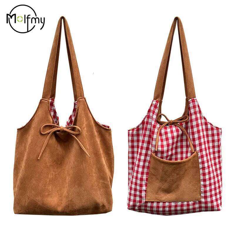 Large Capaci Plaid Canvas Women's Suede Fleece Single College Students Notebook Class Tote Bag Christmas Gifts 2025 XJ260311