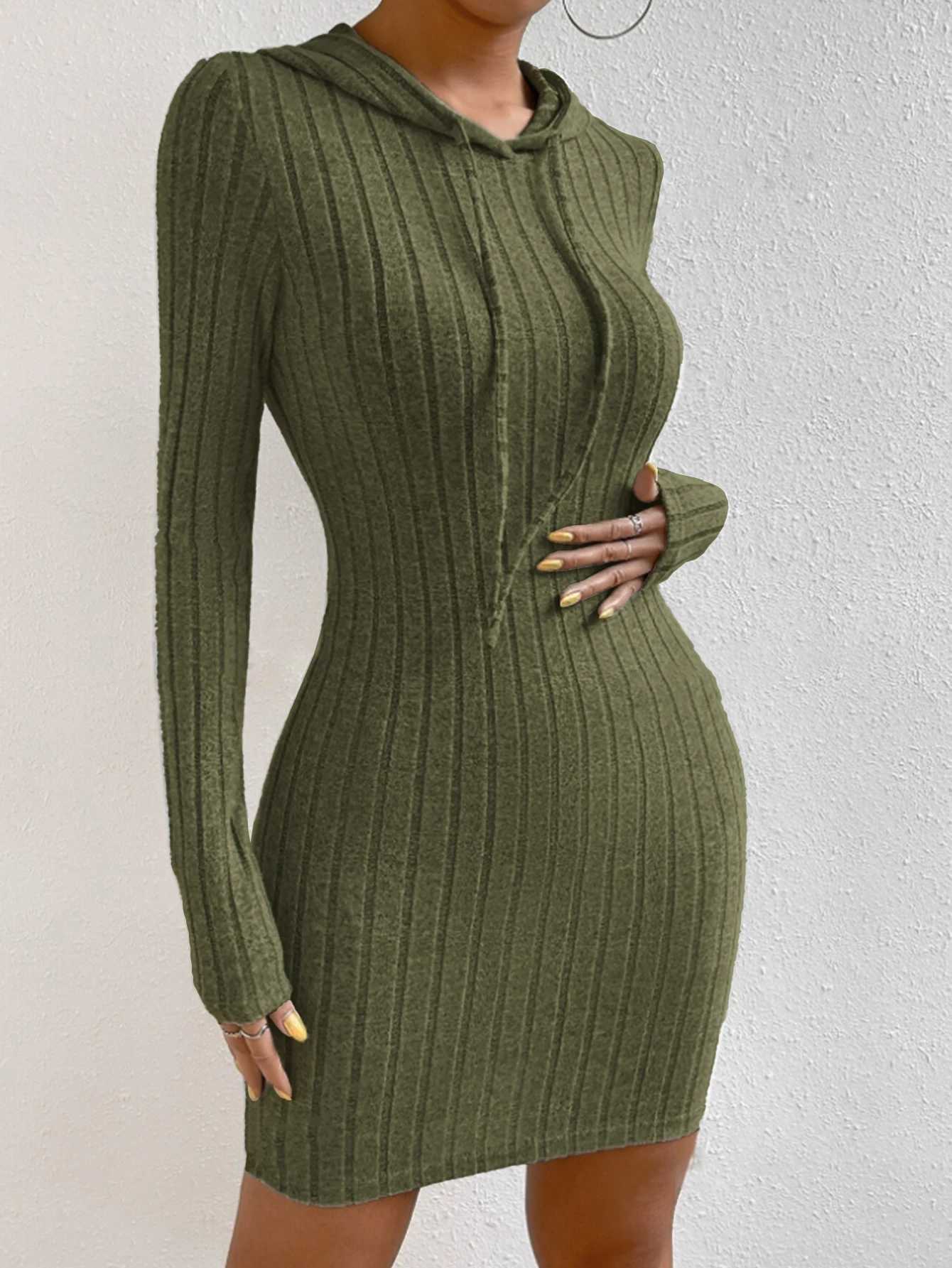 Womens Plain Hooded Drawstring Dress Casual Tight-Fitting Long Sleeve Dress for Spring Fall Comfortable Moderate Fabric M260311