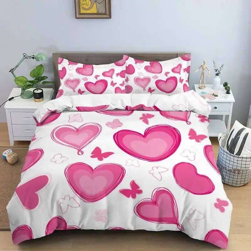 Love Heart Bedding Set Simple Plaid Duvet 200x200 Pillowcase Single Double Queen King Nordic Couple Bed Cover Bedclothes H260311