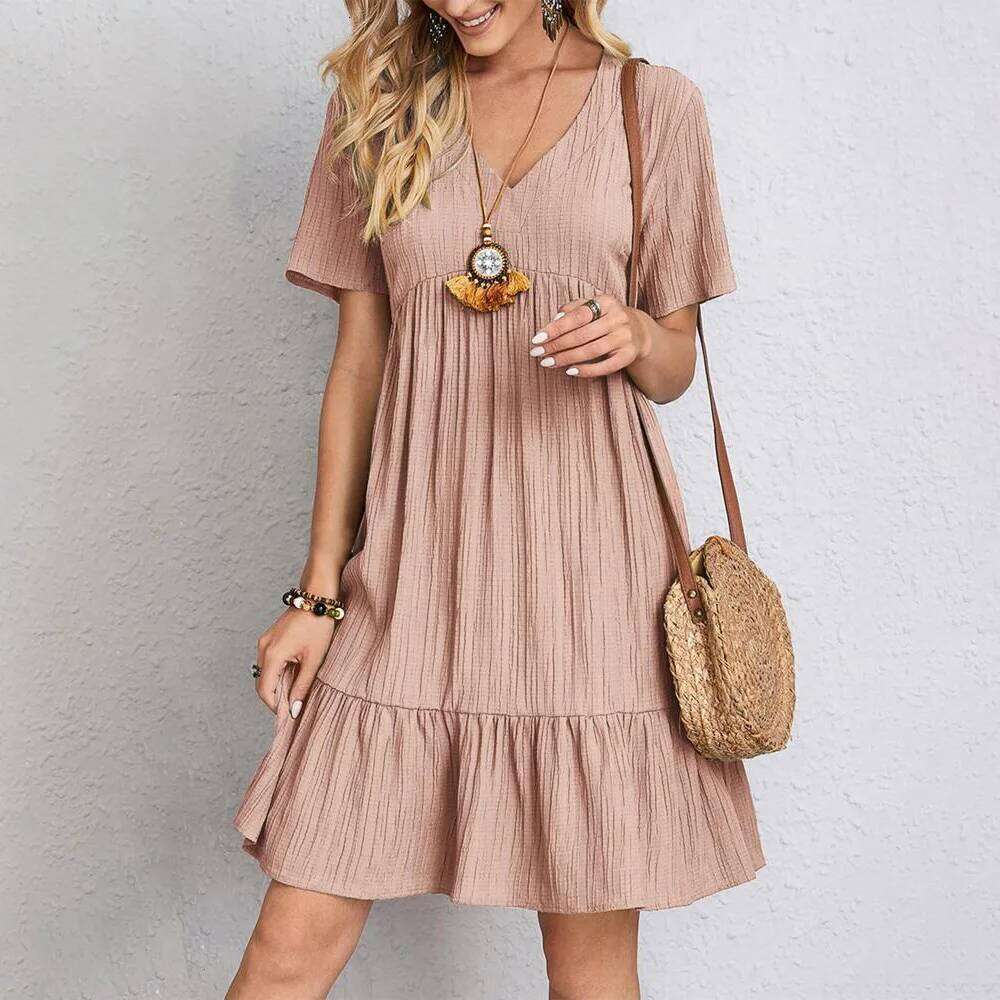 2025 Summer European and American Women's Loose Casual Short Sleeve Waist-tied Flowing Dress Z260311