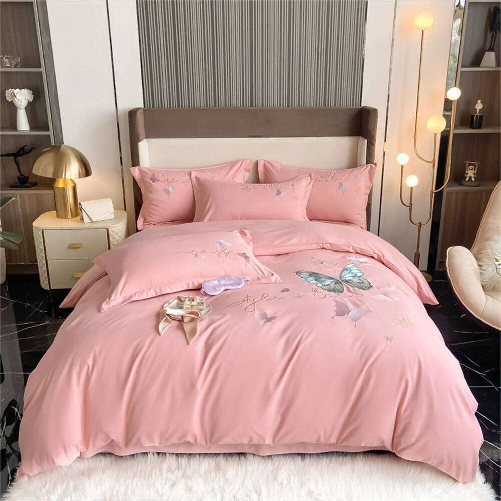 Butterfly Embroidery Four-Piece Sets Single Double Bedding Soft Duvet Cover Set Bed Sheet Pillowcases Bedroom Decor H260311