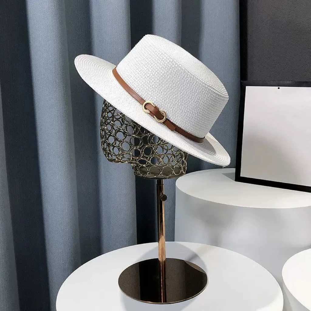 French Style Straw Sun Hat Wens Summer Flat Top Brim Adjustable UPF50 Beach Vacation Sun Protection Hat X260311