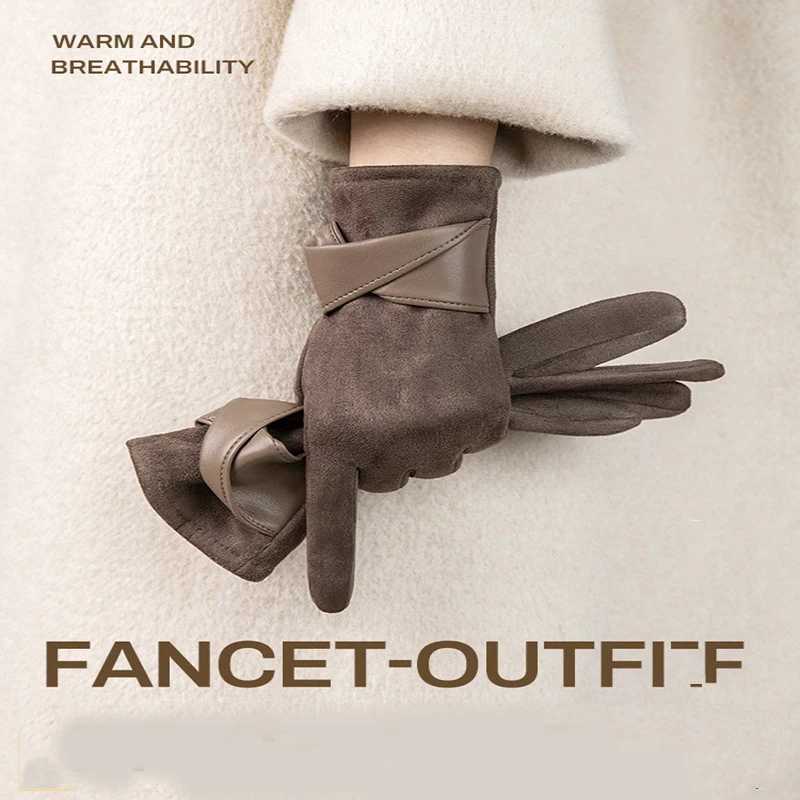 1Piar Warm Gloves With Velvet Suitable For Women To Use In Winter Touch Screen Elegant Bow Accessories Mountaineering Gloves M260311