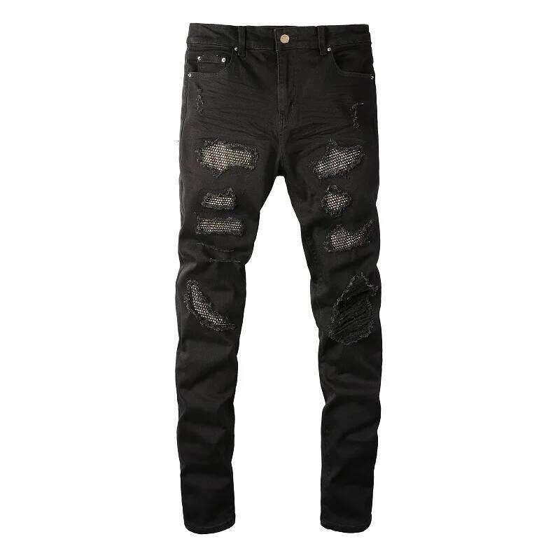 Men Crystal Stretch Denim Jeans Holes Ripped Black Cotton Pants Streetwear Skinny Tapered Trousers Z260225