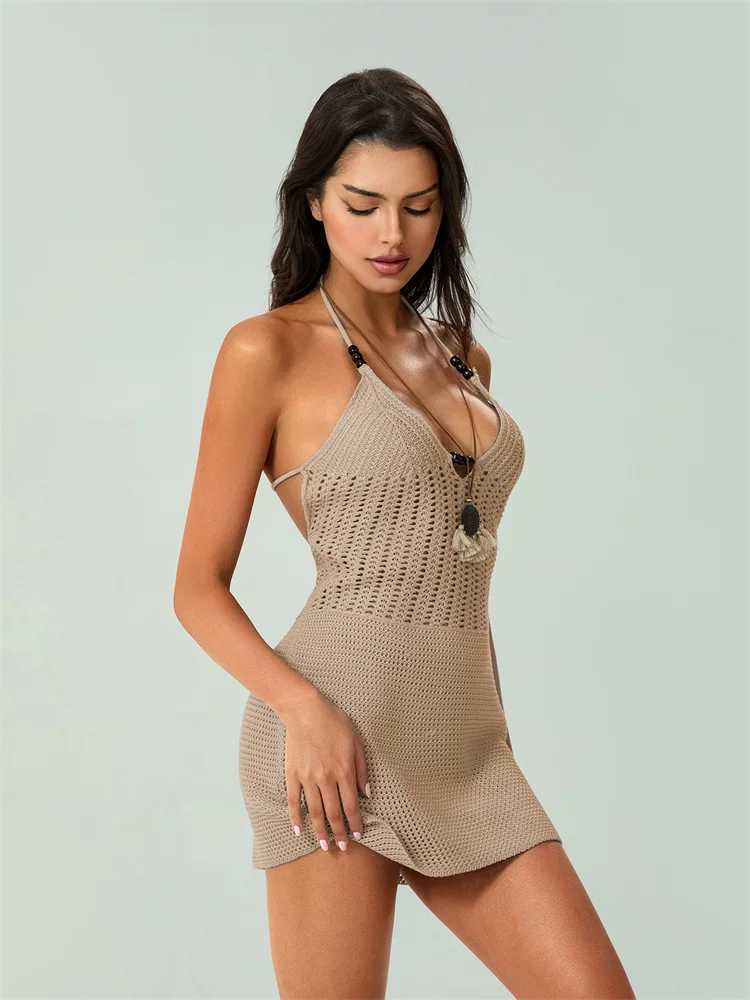 Women Backless Halter Mini Dress Casual Summer Knit Crochet Cutout Bodycon Party Dress for Beach Club Streetwear M260311