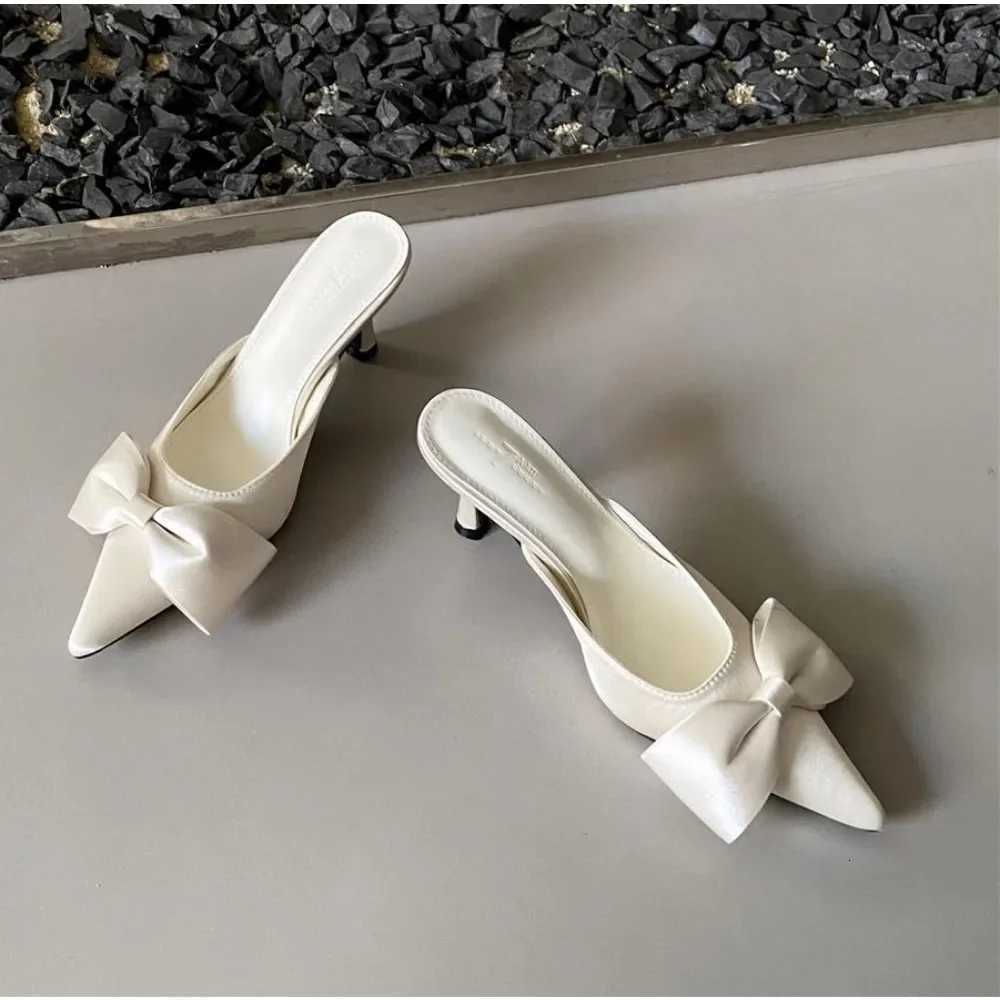 New Bowtie Mule Shoes Slides Women Pointed Toe Stripe Wave Slip-on Sandals Ladies Satin Silk Outdoor Flat K260311