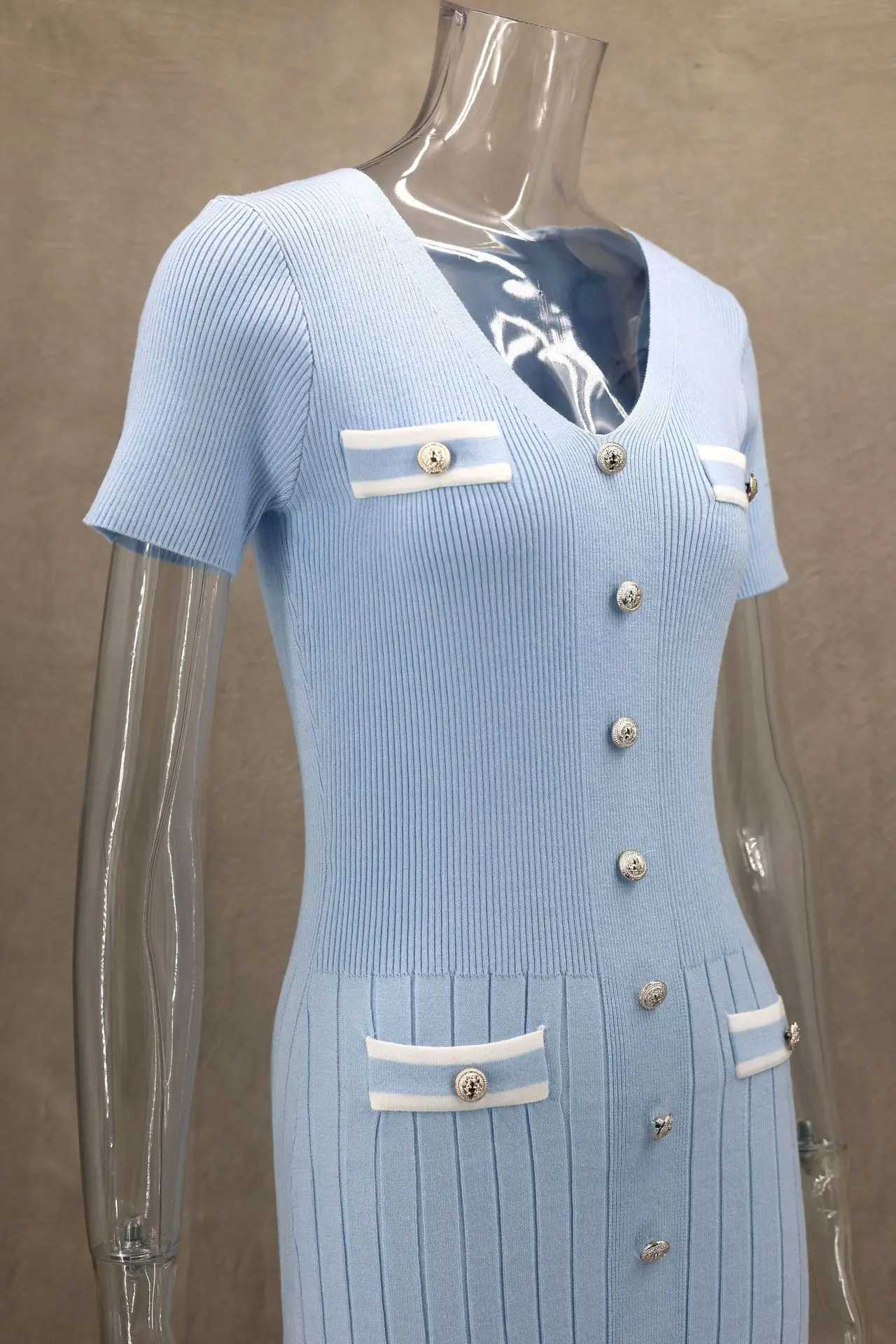 2024 Summer Women Elegant Knitted Long Dress Fashion V-neck Single Breast Sweater Maxi Vetsidos for Women Bodycon Streetwear M260311