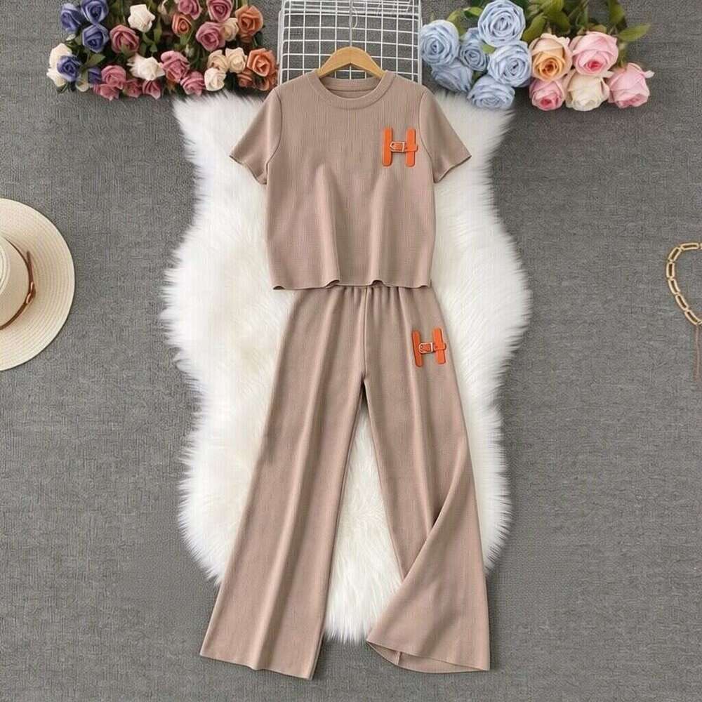 Women's new Korean version loose letter embroidered knitted T-shirt top+high waist slimming wide leg pants two-piece set