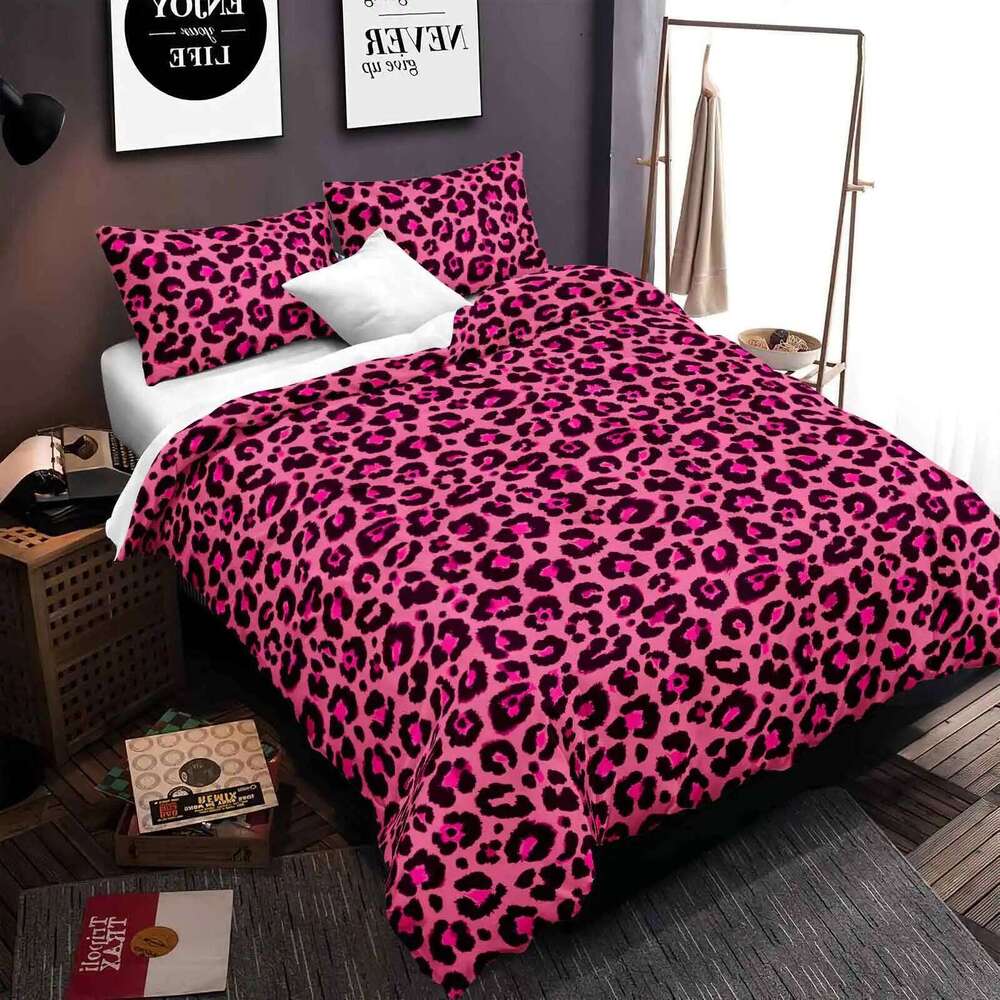 3pcs pink black leopard print Duvet set, fashionable and trendy three-piece bedding set,1*Duvet Cover + 2*Pillowcases H260311