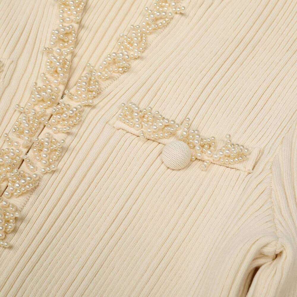 Three Color High-Quality New Fashionable Elastic Knitted V-Neck Slim Fit Handmade Nail Bead Luxurious Long Sleeved Women's Dress