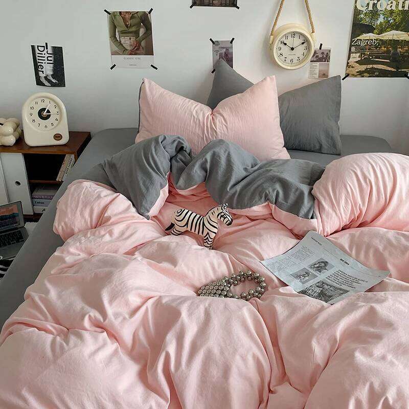 Simple Pink Grey Duvet Fashion Solid Color Bedding Set 3pcs Polyester Comforter Bedroom Quilt Cover 2 Pillowcases H260311 - view 4