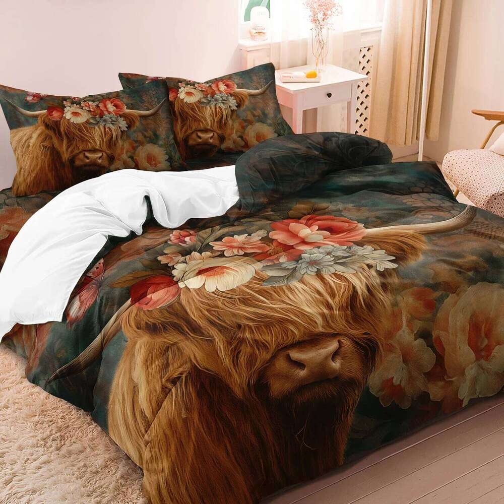 3pcs Highland Cow Pattern Set Fabric With Digital Animal Print 1 Duvet Cover And 2 Pillowcases No Quilt H260311
