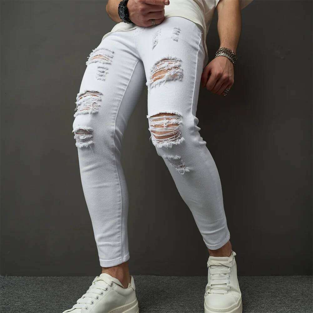 Streetwear Men Simple Style Stretch Skinny Jeans Pants Male Holes Solid Distressed Slim Pencil Denim Trousers Z260225