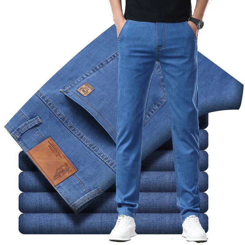 Light Blue Classic Business Casual Cotton Pants Fashion Breathable Denim Elastic Trousers Brand Men's Clothing Straight Jeans Z260225