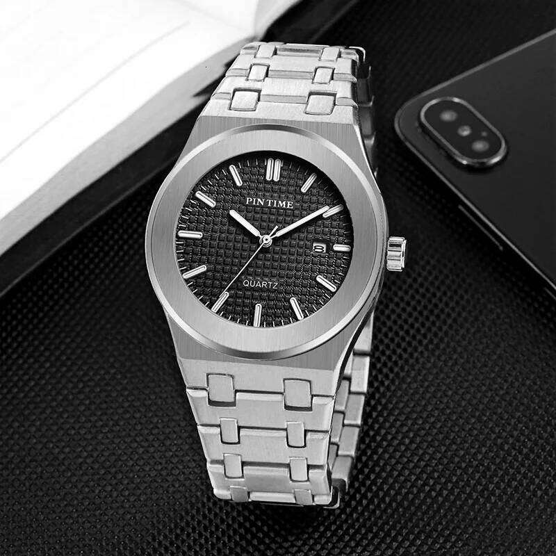 PINTIME Classic Men's Quartz Watch Elegant Simple Design Waterproof Stainless Steel Strap Couple Leisure Business Wristwatch