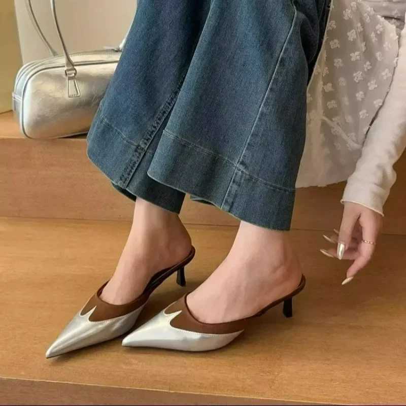 Elegant pointed stitched heart-shaped high heels mule womens 2025 silver black brown shoes designer high heels K260311