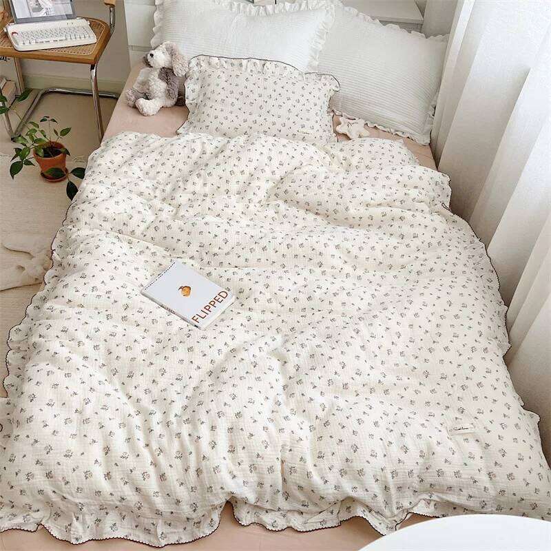 INS Princess Ruffle Edge Gauze 100% Cotton Pillow Case Breathable Duvet Cover Without Filler 3PCS Floral Home Bedding Set H260311