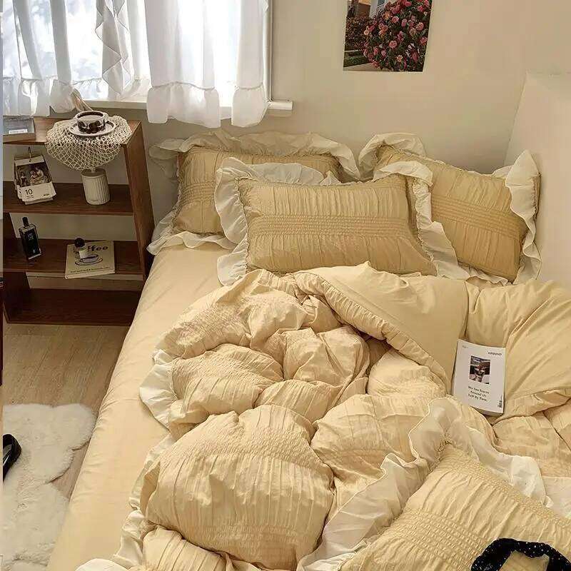 Product Spring and Summer Gentle Feng Shui Wash Cotton Wrinkled Yarn Princess Four Sets Bed Sheets Cover Student Dormitory H260311