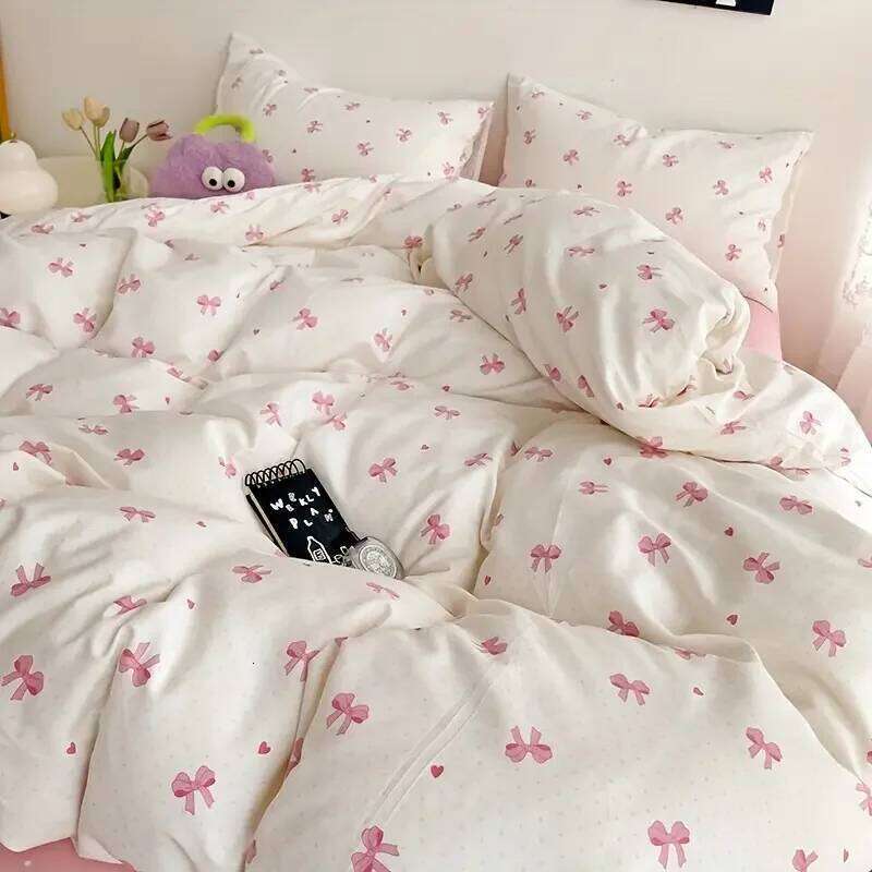 3pcs Pink Bow Duvet Set with 2 Pillowcases, Cozy and Breathable Quilt Cover Suitable for All Seasons H260311