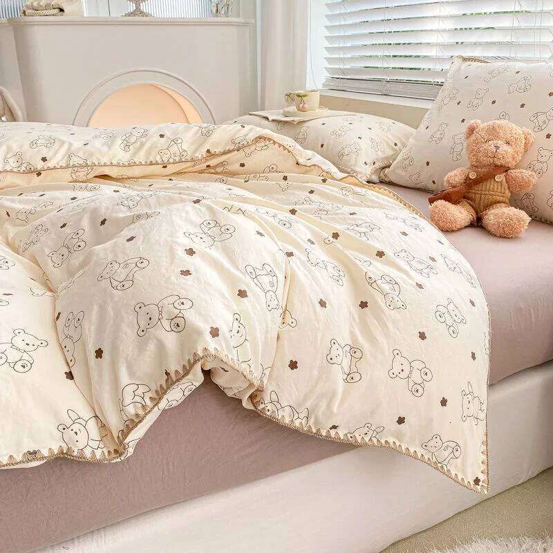 Cute Cartoon Bear Bedding Set Simple Duvet Cover Cotton Linens Bed Sheets Pillowcase Single Double For Kids Decor Home H260311