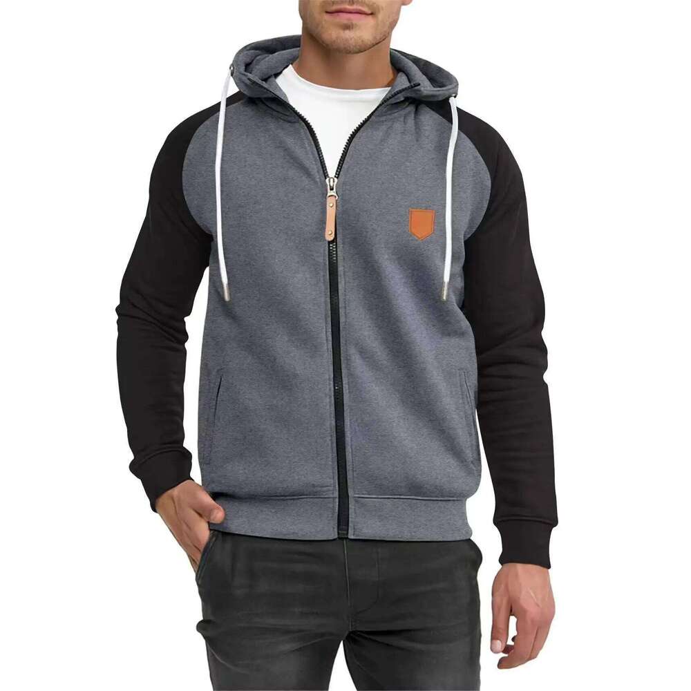 Men's Color Block Sports Fleece Zipper Hoodie Casual Fashion Shoulder Sleeve Outerwear Polyester Fiber Spring Autumn Wear 26H0311