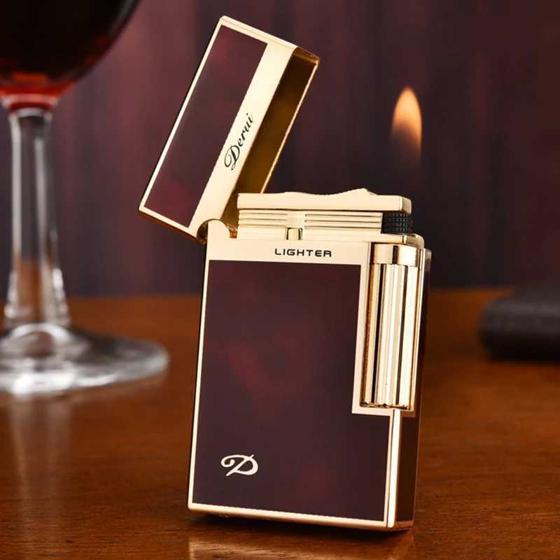 DERUI premium steel-tone side-sliding gas lighter metal grinding wheel classic business men high-end gift butane gas lighter N260311