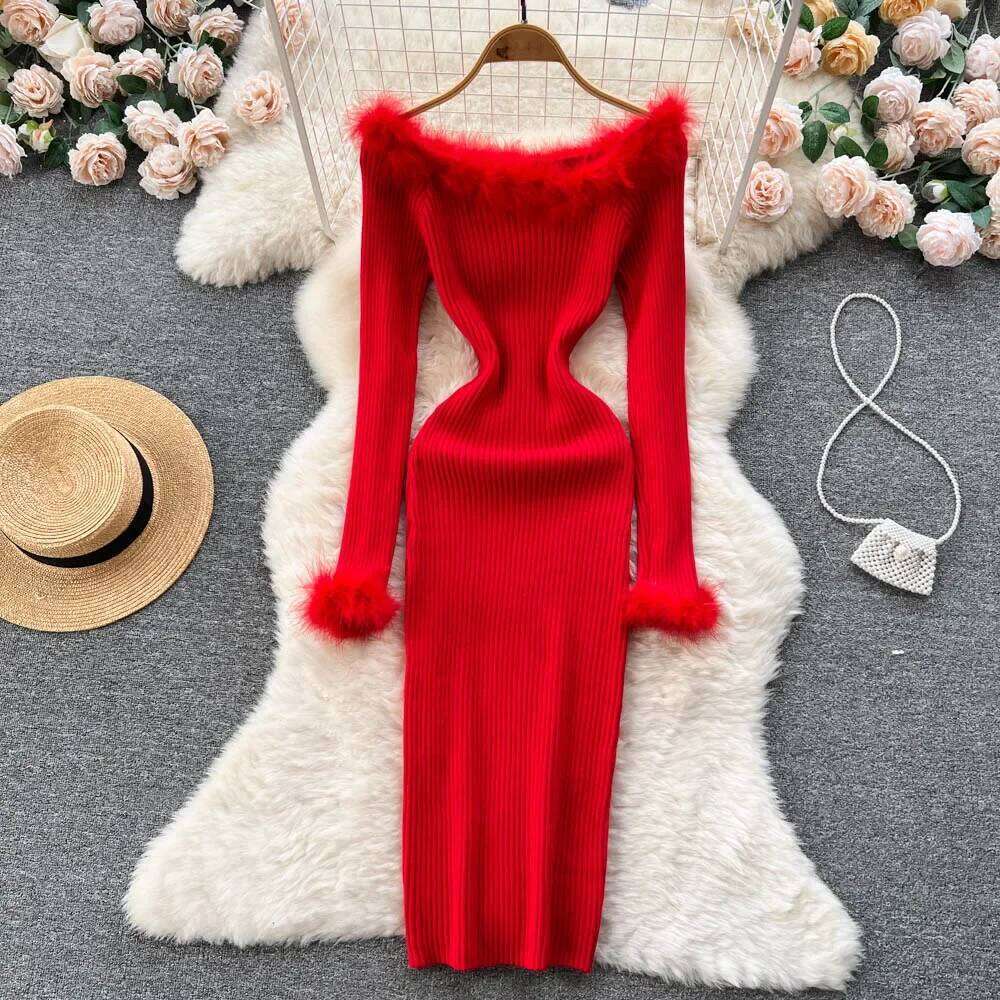 Skash Neck Strecth Solid Sexy Sweater 2026 Women Sleeve Midi Long Autumn Streetwear Knitted Bodycon Dress Z260311